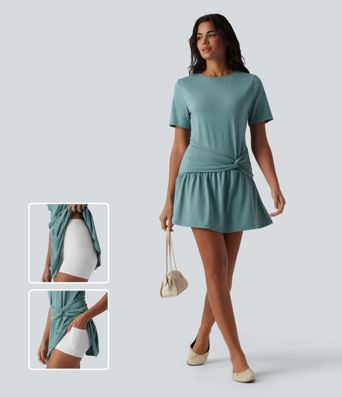 Round Neck Short Sleeve Keyhole Back 2-Piece Mini Casual Dress with Pockets