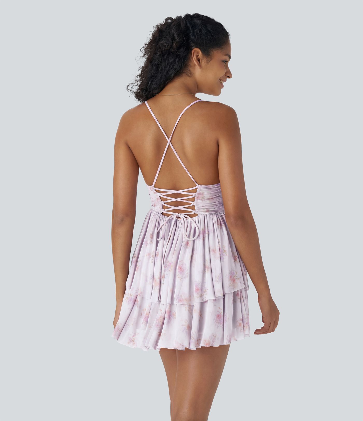 Crisscross Backless Lace Up Mesh Layered Floral Print Micro Party Slip Dress