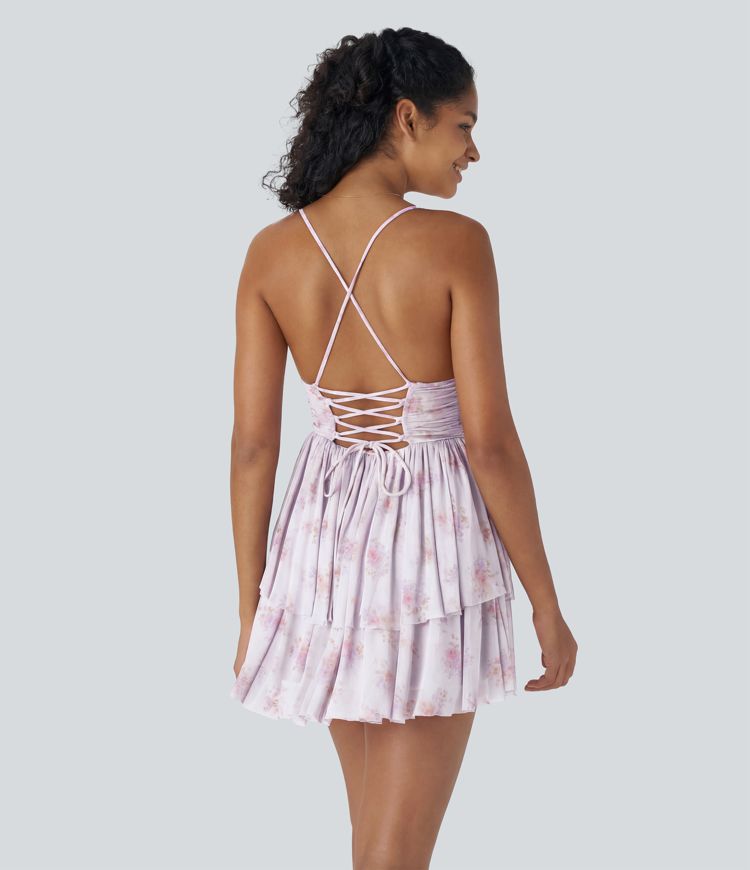 Crisscross Backless Lace Up Mesh Layered Floral Print Micro Party Slip Dress