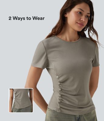 Lässiges T-Shirt mit Rundhalsausschnitt, kurzen Ärmeln und Druckknöpfen