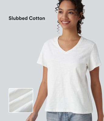 V-neck Short Sleeve Relaxed Casual Slubbed Cotton T-Shirt