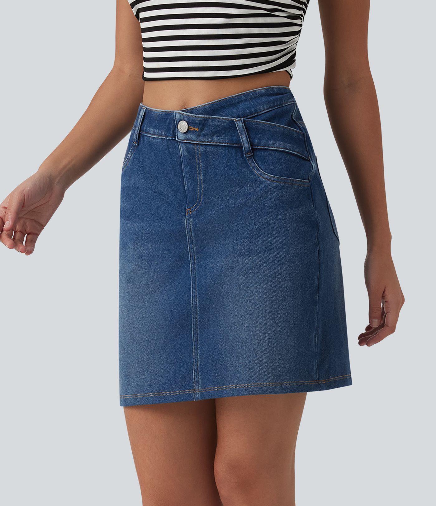 Halara Flex™ casual denimrok, asymmetrisch, mid-rise, buikcorrigerend, met zakken