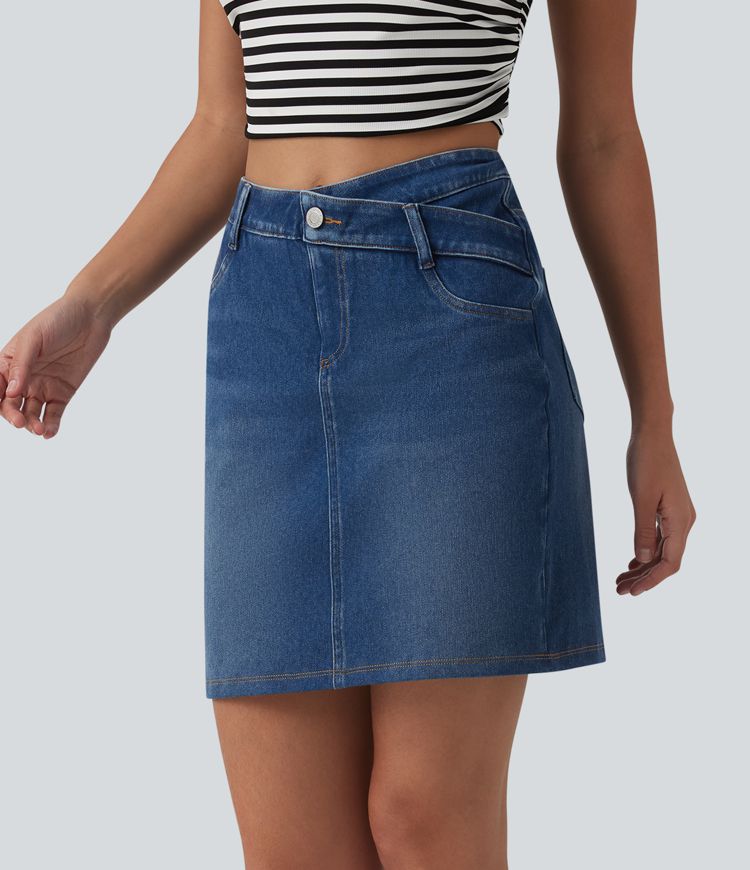 Halara Flex™ casual denimrok, asymmetrisch, mid-rise, buikcorrigerend, met zakken