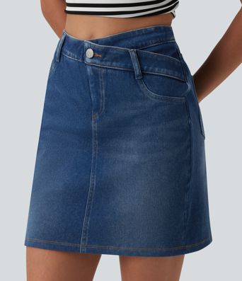 Halara Flex™ casual denimrok, asymmetrisch, mid-rise, buikcorrigerend, met zakken