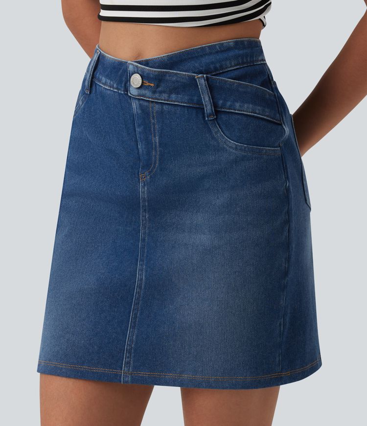 Halara Flex™ casual denimrok, asymmetrisch, mid-rise, buikcorrigerend, met zakken