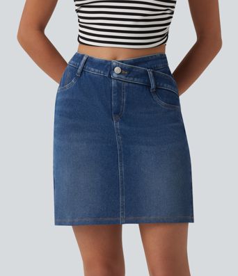Halara Flex™ casual denimrok, asymmetrisch, mid-rise, buikcorrigerend, met zakken