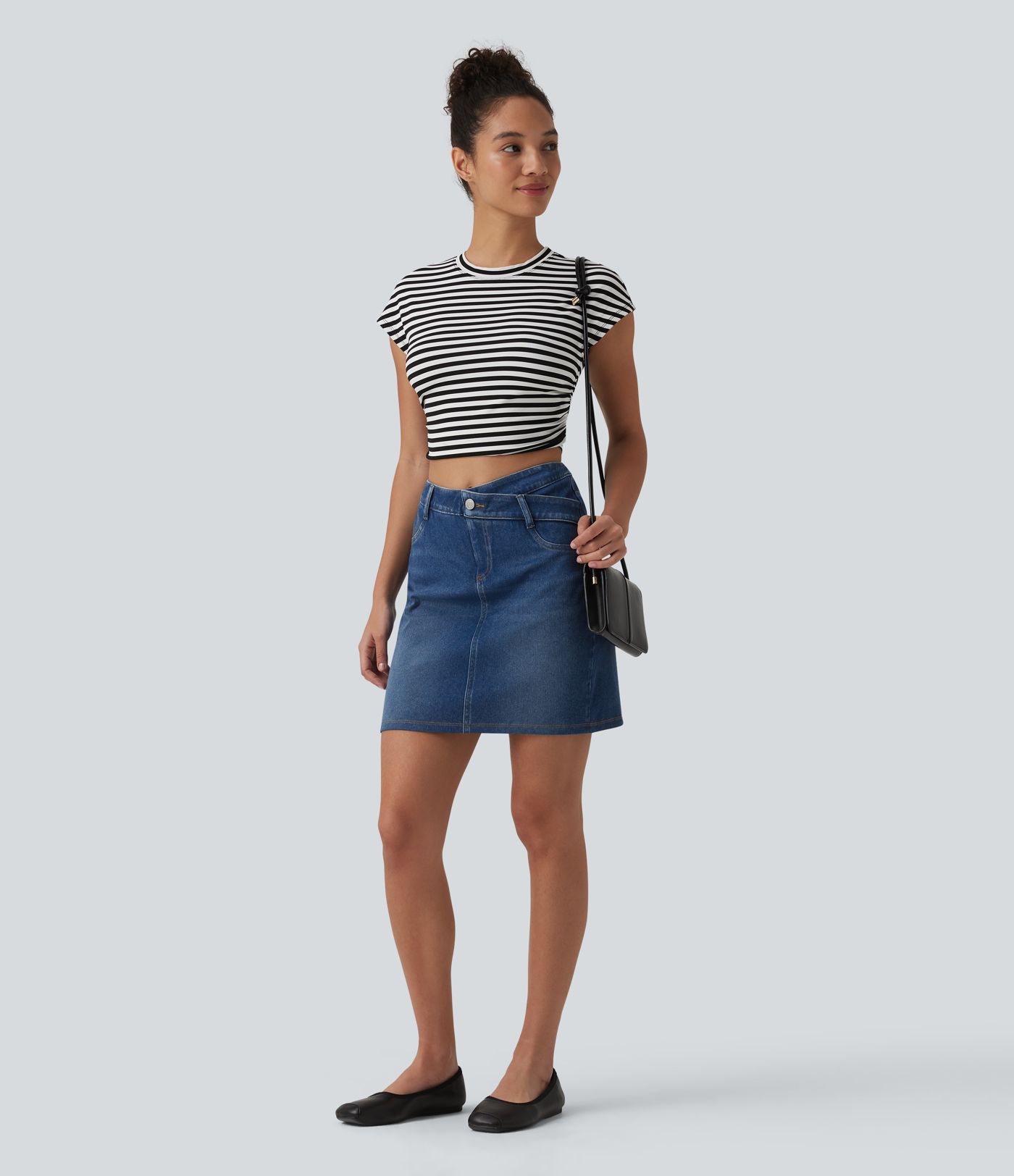 Halara Flex™ casual denimrok, asymmetrisch, mid-rise, buikcorrigerend, met zakken