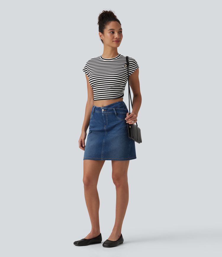 Halara Flex™ casual denimrok, asymmetrisch, mid-rise, buikcorrigerend, met zakken