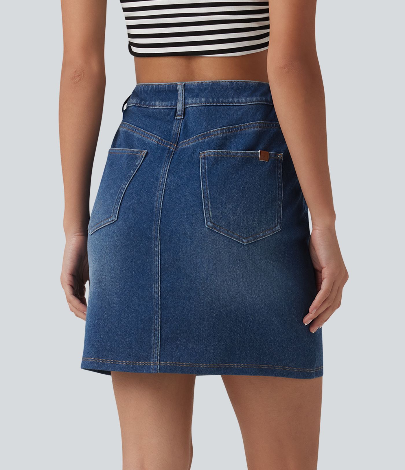 Halara Flex™ casual denimrok, asymmetrisch, mid-rise, buikcorrigerend, met zakken