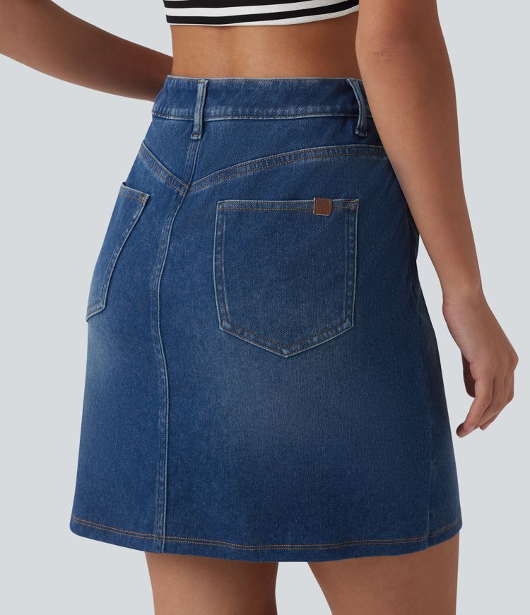 Halara Flex™ casual denimrok, asymmetrisch, mid-rise, buikcorrigerend, met zakken