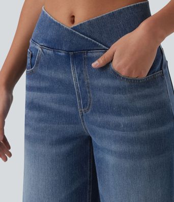 Halara Flex™ Crossover Mid Rise Curved Hem Casual Baggy Jeans with Pockets
