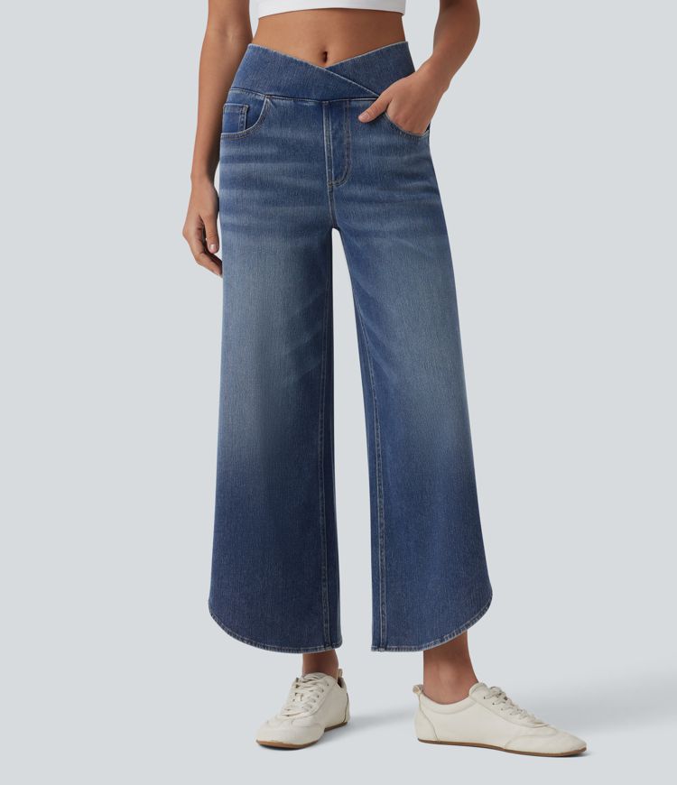 Halara Flex™ Crossover Mid Rise Curved Hem Casual Baggy Jeans with Pockets