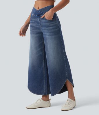 Halara Flex™ Crossover Mid Rise Curved Hem Casual Baggy Jeans with Pockets