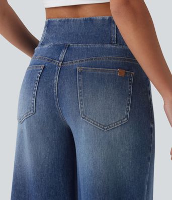 Halara Flex™ Crossover Mid Rise Curved Hem Casual Baggy Jeans with Pockets