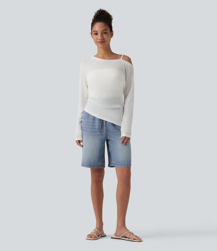 Short en denim taille haute 22,5 cm avec cordon de serrage et poches