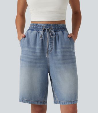 Short en denim taille haute 22,5 cm avec cordon de serrage et poches