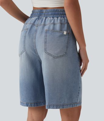 Short en denim taille haute 22,5 cm avec cordon de serrage et poches