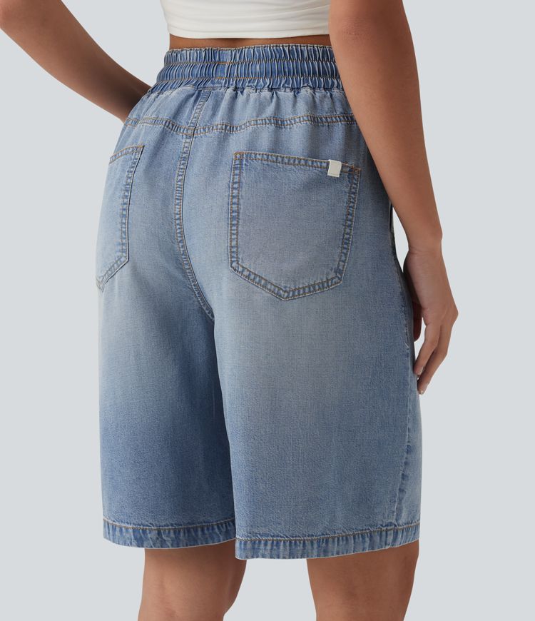 Short en denim taille haute 22,5 cm avec cordon de serrage et poches