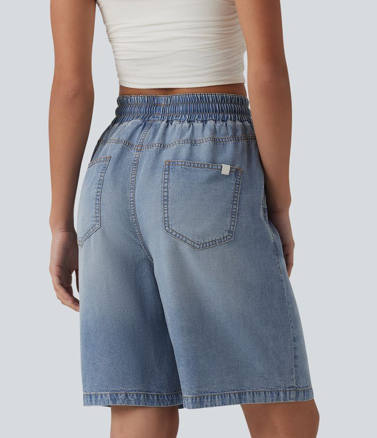 Short en denim taille haute 22,5 cm avec cordon de serrage et poches
