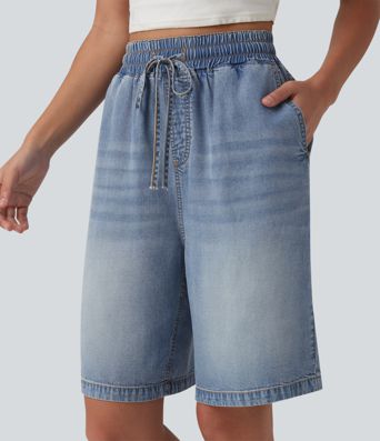 Short en denim taille haute 22,5 cm avec cordon de serrage et poches