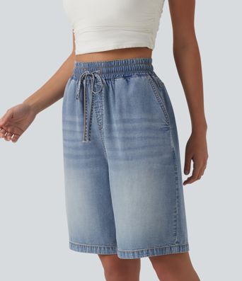 Short en denim taille haute 22,5 cm avec cordon de serrage et poches