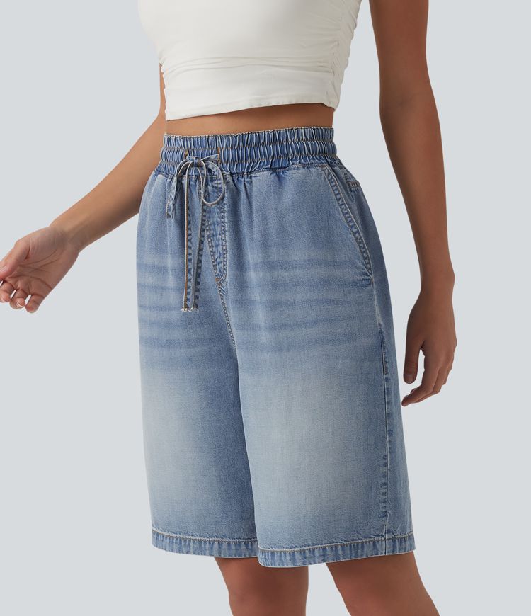 Short en denim taille haute 22,5 cm avec cordon de serrage et poches