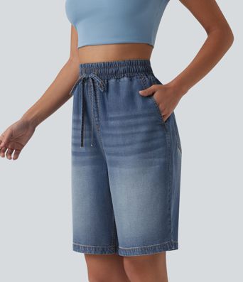 High Waisted Drawstring Denim Casual Shorts 9'' with Pockets