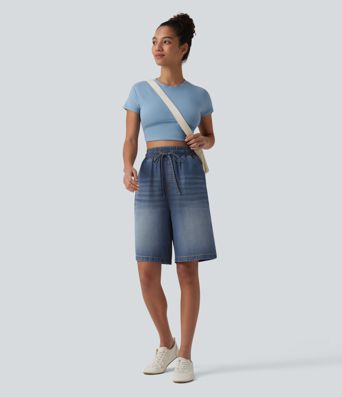 High Waisted Drawstring Denim Casual Shorts 9'' with Pockets