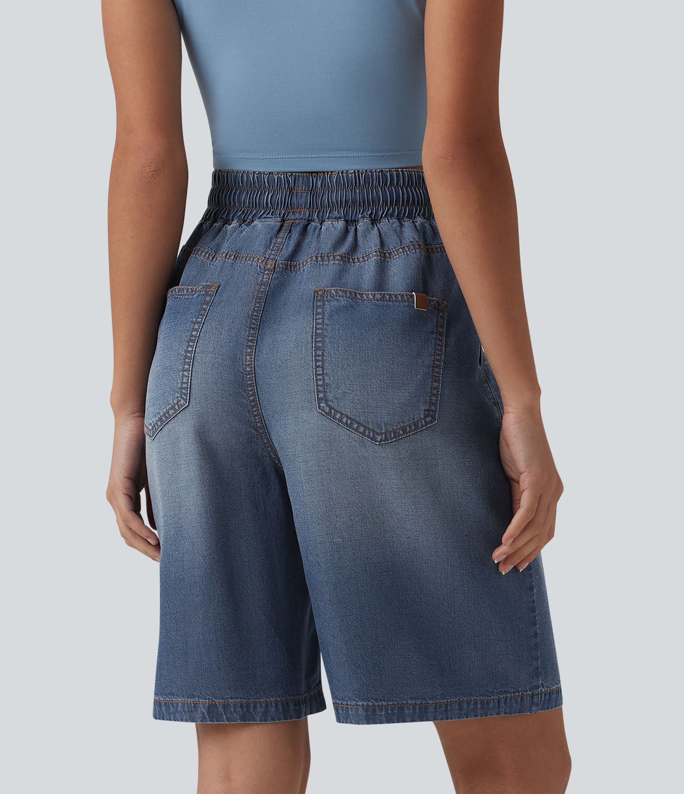 High Waisted Drawstring Denim Casual Shorts 9'' with Pockets