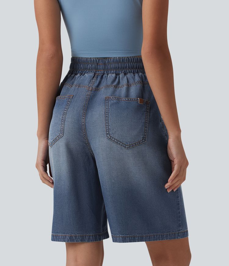 High Waisted Drawstring Denim Casual Shorts 9'' with Pockets