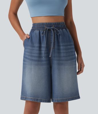 High Waisted Drawstring Denim Casual Shorts 9'' with Pockets