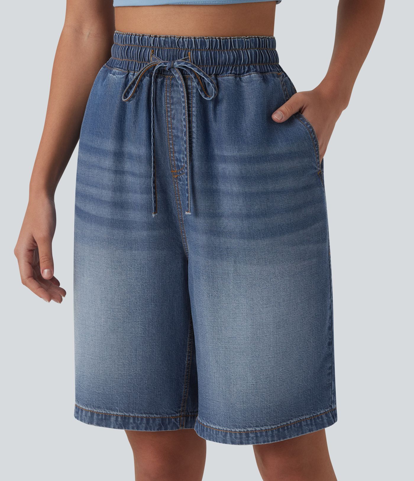 High Waisted Drawstring Denim Casual Shorts 9'' with Pockets