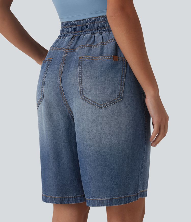 High Waisted Drawstring Denim Casual Shorts 9'' with Pockets