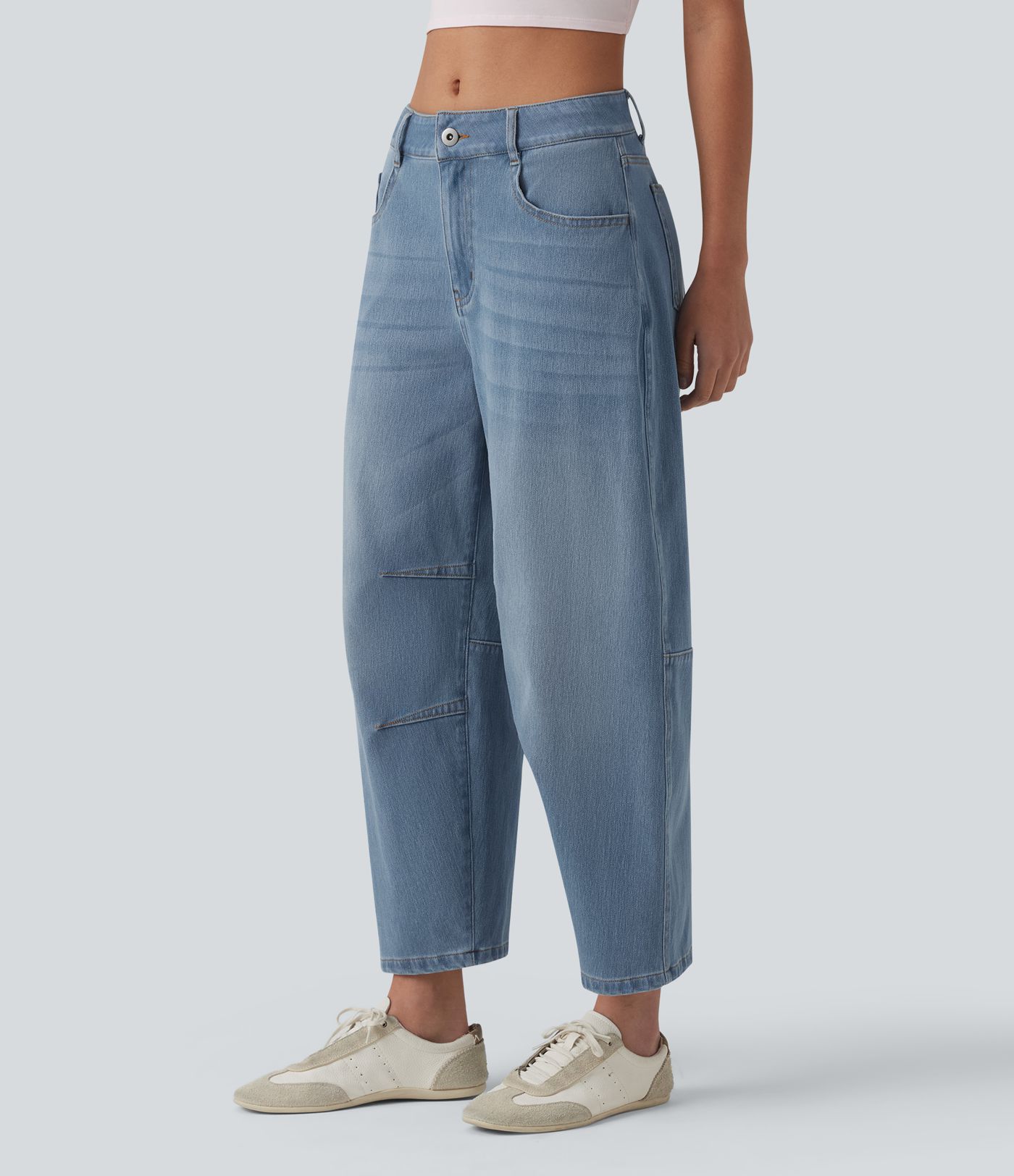 Jean barrel Halara Flex™ taille basse avec bouton, fermeture éclair, multiples poches et jambes amples en maille extensible