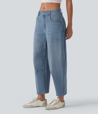 Jean barrel Halara Flex™ taille basse avec bouton, fermeture éclair, multiples poches et jambes amples en maille extensible