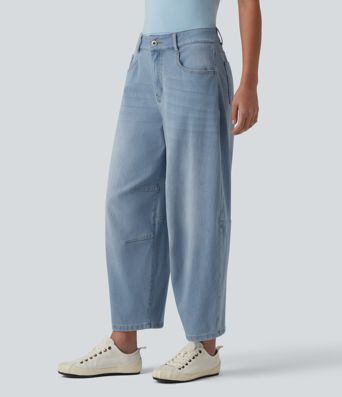 Halara Flex™ Low Rise Zipper Pockets Barrel Leg Casual Jeans