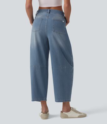 Jean barrel Halara Flex™ taille basse avec bouton, fermeture éclair, multiples poches et jambes amples en maille extensible