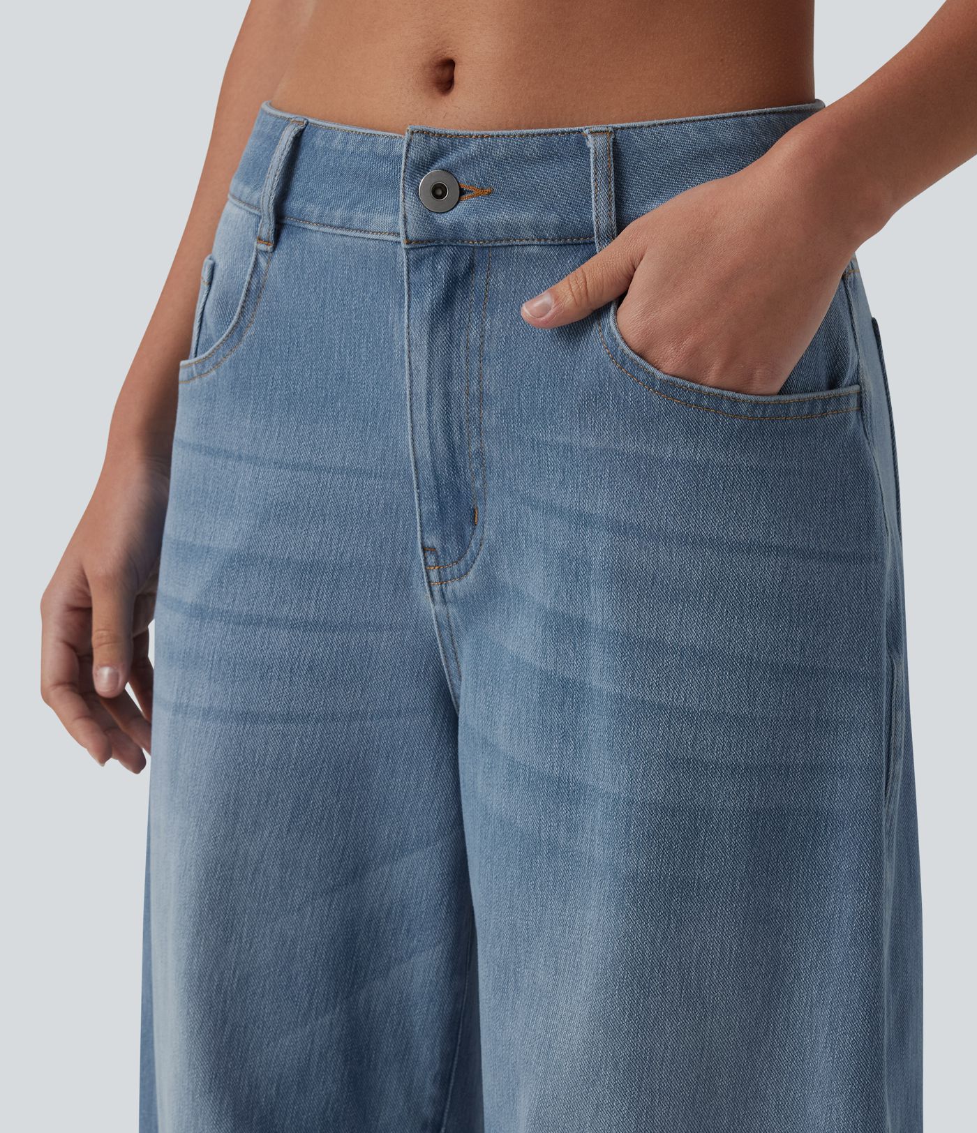 Jean barrel Halara Flex™ taille basse avec bouton, fermeture éclair, multiples poches et jambes amples en maille extensible