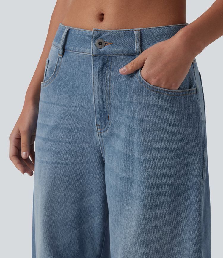 Jean barrel Halara Flex™ taille basse avec bouton, fermeture éclair, multiples poches et jambes amples en maille extensible