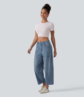 Jean barrel Halara Flex™ taille basse avec bouton, fermeture éclair, multiples poches et jambes amples en maille extensible