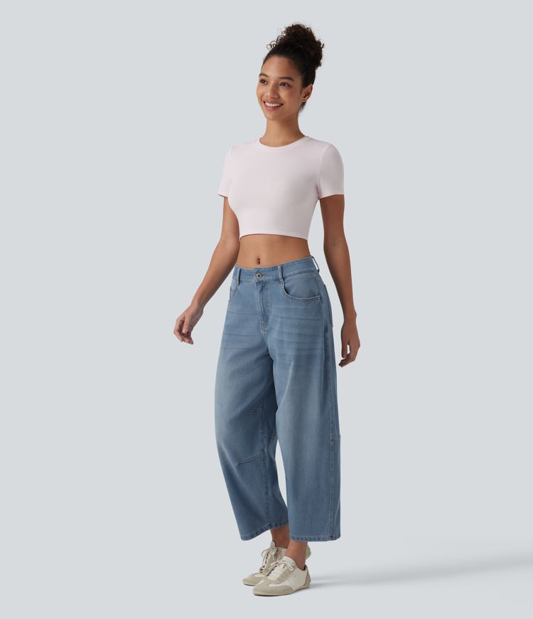 Jean barrel Halara Flex™ taille basse avec bouton, fermeture éclair, multiples poches et jambes amples en maille extensible