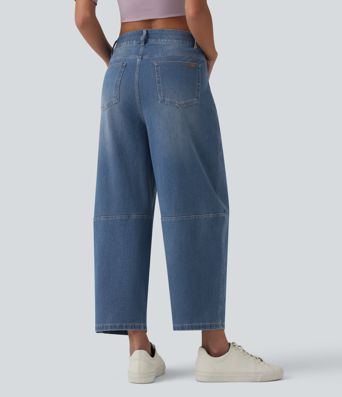 Jean barrel Halara Flex™ taille basse avec bouton, fermeture éclair, multiples poches et jambes amples en maille extensible