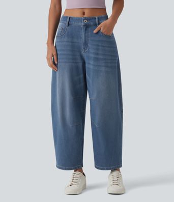 Jean barrel Halara Flex™ taille basse avec bouton, fermeture éclair, multiples poches et jambes amples en maille extensible