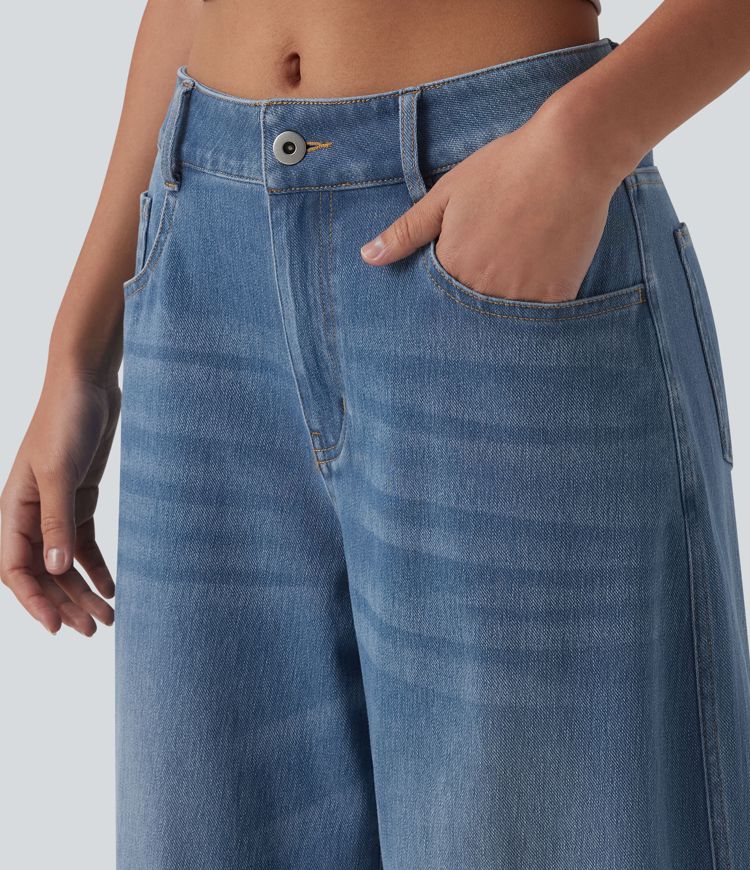 Jean barrel Halara Flex™ taille basse avec bouton, fermeture éclair, multiples poches et jambes amples en maille extensible