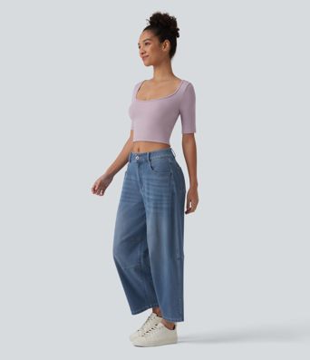 Jean barrel Halara Flex™ taille basse avec bouton, fermeture éclair, multiples poches et jambes amples en maille extensible
