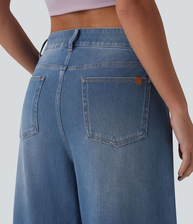 Jean barrel Halara Flex™ taille basse avec bouton, fermeture éclair, multiples poches et jambes amples en maille extensible