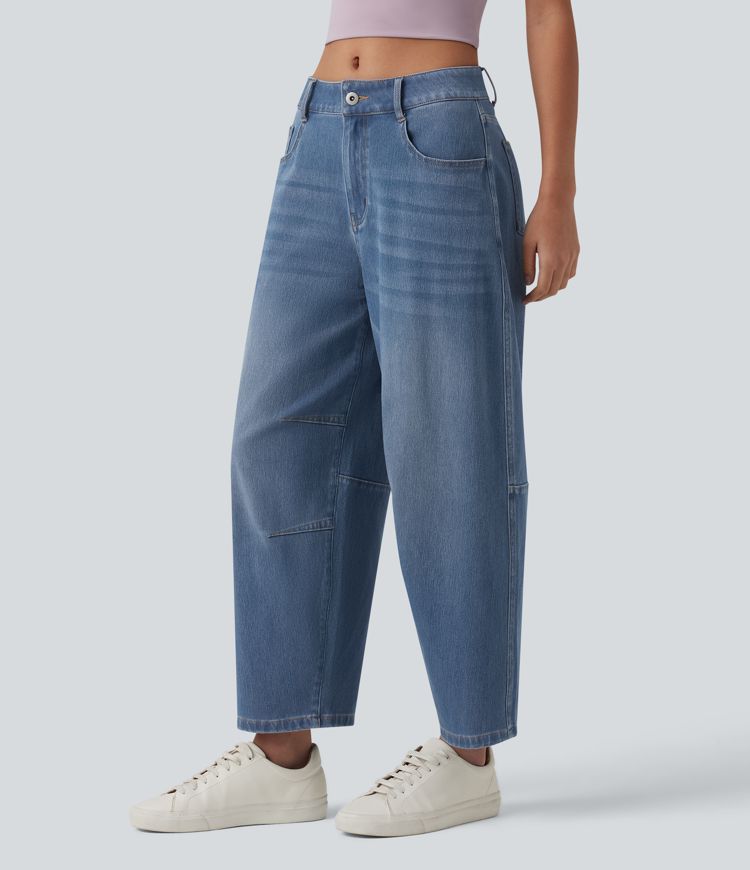 Jean barrel Halara Flex™ taille basse avec bouton, fermeture éclair, multiples poches et jambes amples en maille extensible