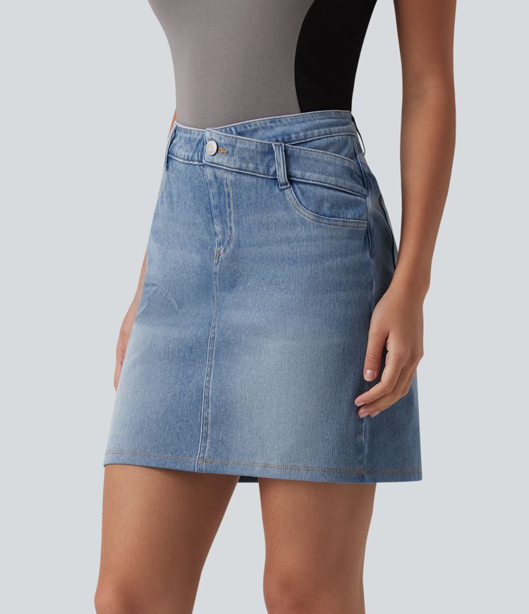 Halara Flex™ Denim Asymmetric Mid Rise Tummy Control Casual Skirt with Pockets