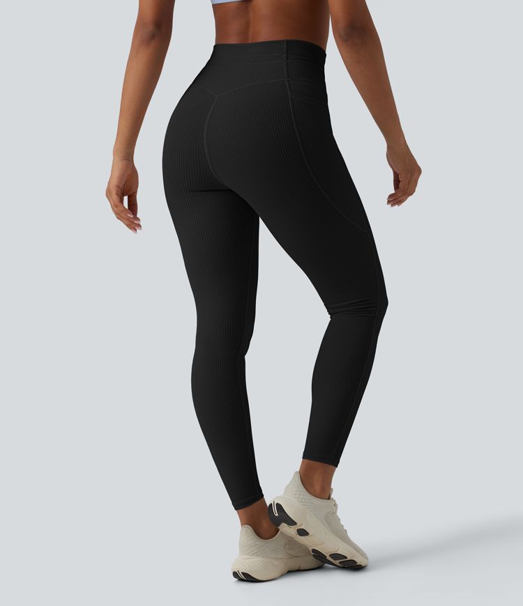 Ribbed Knit High Waisted Drawstring Tummy Control Quick Dry Workout Leggings with Pockets-UPF50+