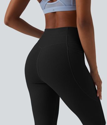 Ribbed Knit High Waisted Drawstring Tummy Control Quick Dry Workout Leggings with Pockets-UPF50+